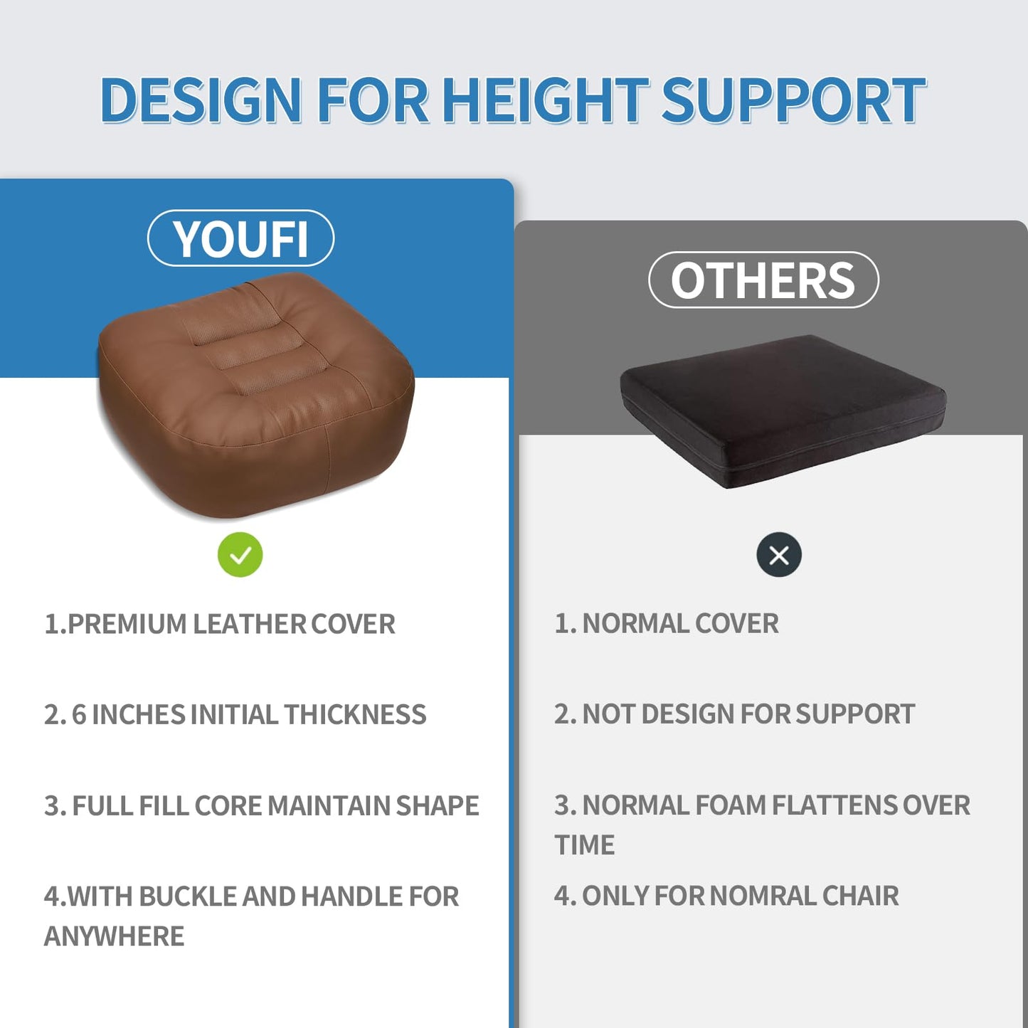 YOUFI Leather Seat Cushion Extra-Thick Booster for Office Chair to Rise Height - Full Filling for Support - with Breathable Cover, Handle and Buckle - Relieves Back Pain – 18"x16"x6" (Brown)