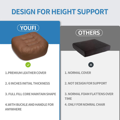 YOUFI Leather Seat Cushion Extra-Thick Booster for Office Chair to Rise Height - Full Filling for Support - with Breathable Cover, Handle and Buckle - Relieves Back Pain – 18"x16"x6" (Brown)