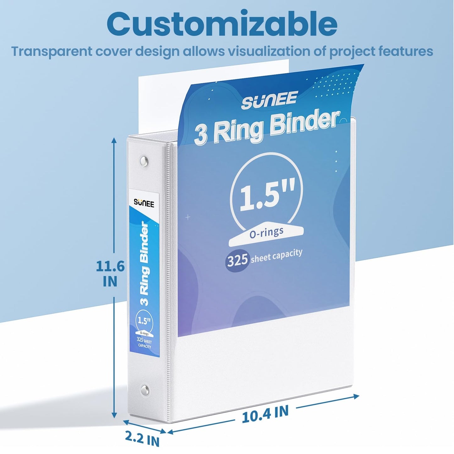 SUNEE 3 Ring Binders 1.5 Inch 10 Pack, Clear View Binders Three Ring PVC-Free (Fit 8.5x11 Inches) for School or Office Supplies, White