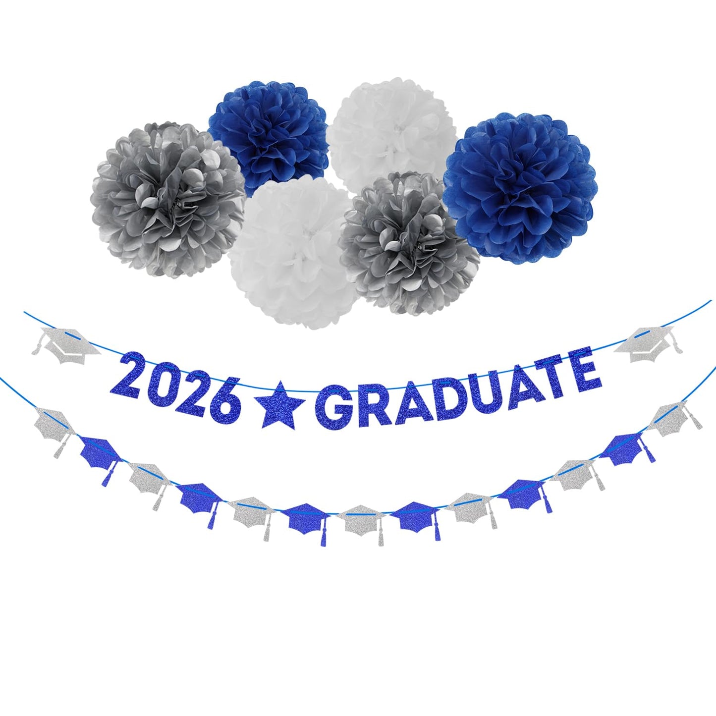 Navy-Blue White-Silver Party-Decoration Graduation Banner - 8pcs Kits Cap Garland Streamers, Paper Tissue Pom Poms Flowers, 2026 Craduate Banner Congratulations Grad Decor Lasting Surprise