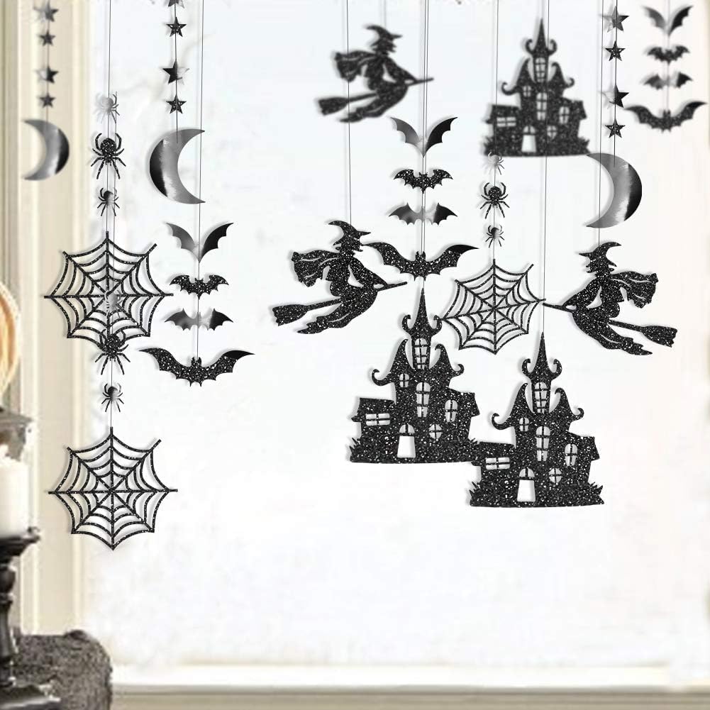 Cheerland Clearance Witch Decorations Gothic Hanging Banner Indoor Garland Glitter Black Decor Moon Star Glitter Garland Decoration Haunted House Witchcraft Decor Birthday Halloween Party Supplies
