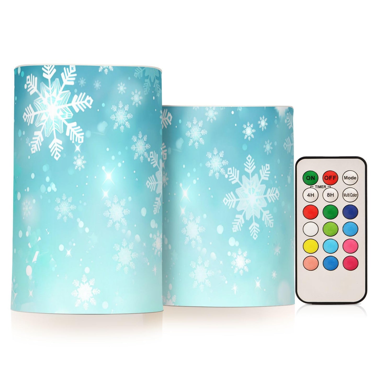 senya Christmas Lights Flameless Candles Teal Turquoise Snowflake Pillar Candles Set of 2 Battery Operated Remote Control Warm Lights Home Decor
