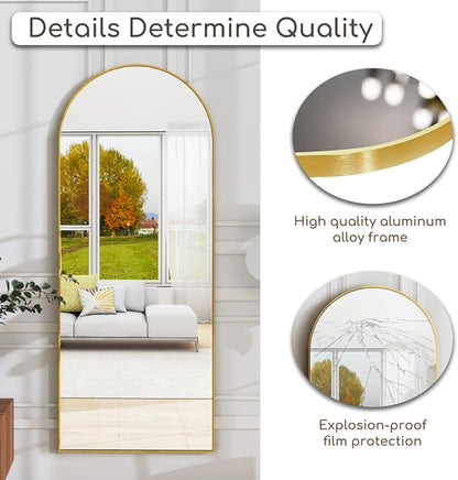 Arched Floor Mirror, 58 "x 18" Full Length Mirror Wall Mirrors Hanging or Leaning Arched-Top Full Body Mirrors with Stand for Bedroom, Dressing Room, Gold