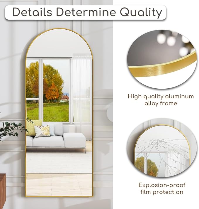 Arched Floor Mirror, 57 "x 20" Full Length Mirror Wall Mirrors Hanging or Leaning Arched-Top Full Body Mirrors with Stand for Bedroom, Dressing Room, Gold