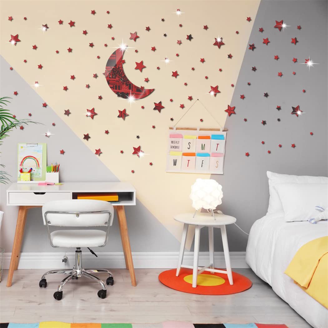 Moon Star Mirror Wall Stickers, 146 PCS Stars & Crescent Moon, 3D Art Decals for Baby Kid Bedroom & Living Room (Red)
