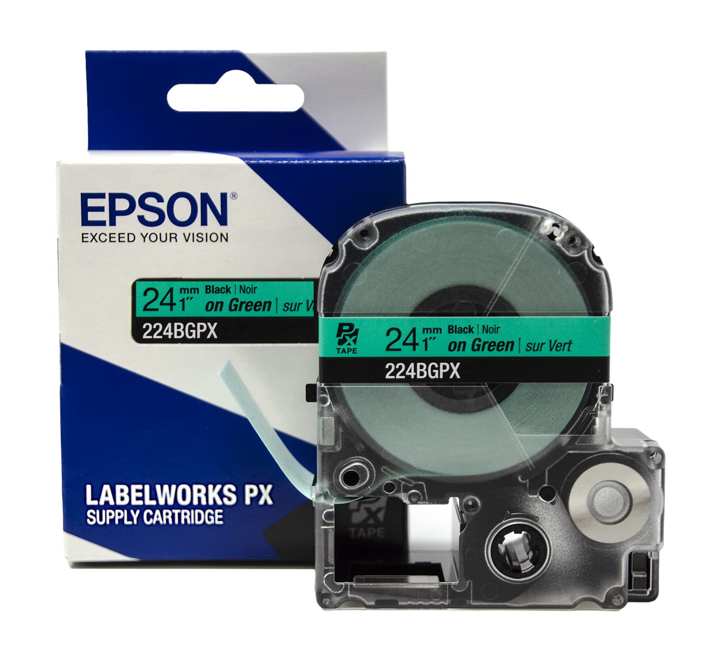 Epson LABELWORKS 224BGPX Genuine PET (Polyester) Tape Cartridge - Black on Green Label Maker Tape - 1" (24MM) Wide, 30'
