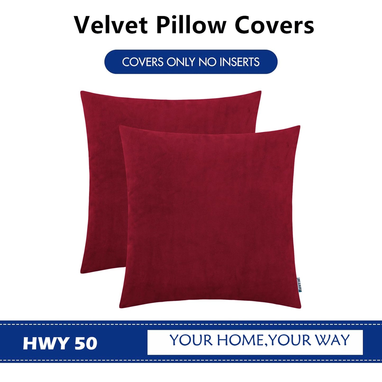 HWY 50 Burgundy Red Velvet Throw Pillow Covers 18x18 Inch, Pack of 2 Soft Cozy Solid Decorative Luxury Cushion Cases for Couch Sofa Bed Living Room Bedroom