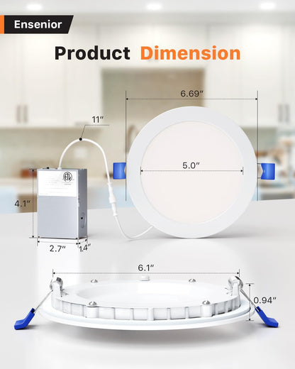 Ensenior 24 Pack 6 Inch LED Recessed Ceiling Light, Dimmable, 4000K Cool White, 1050LM 12W 120V, High Brightness Canless Wafer Downlight - ETL&FCC&IC