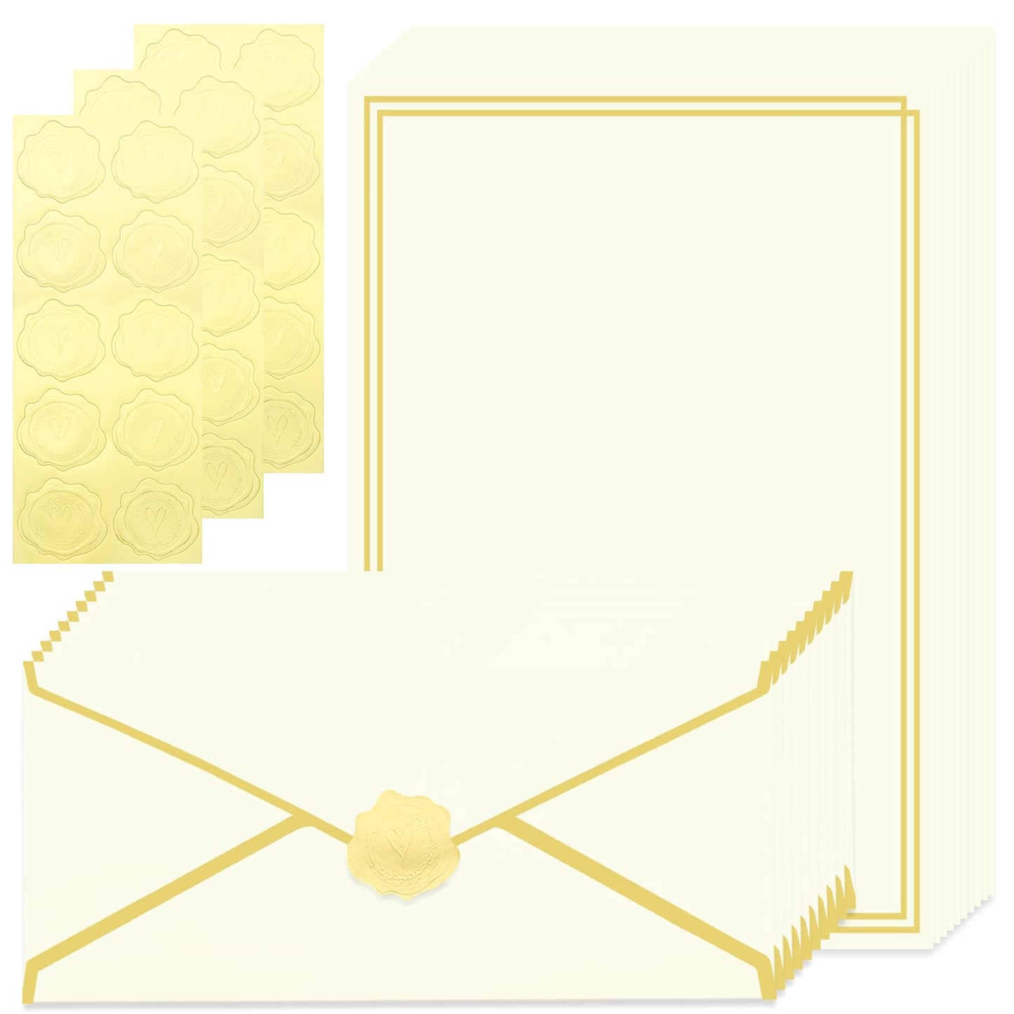 Zooyinfy 30 Pack Stationery Paper Set with Gold Border Including #10 Business Envelopes and 8.5x11 Paper Sheets 30 Gold Stickers for Love Letters and Party Invitations (Cream Color)