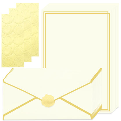 Zooyinfy 30 Pack Stationery Paper Set with Gold Border Including #10 Business Envelopes and 8.5x11 Paper Sheets 30 Gold Stickers for Love Letters and Party Invitations (Cream Color)