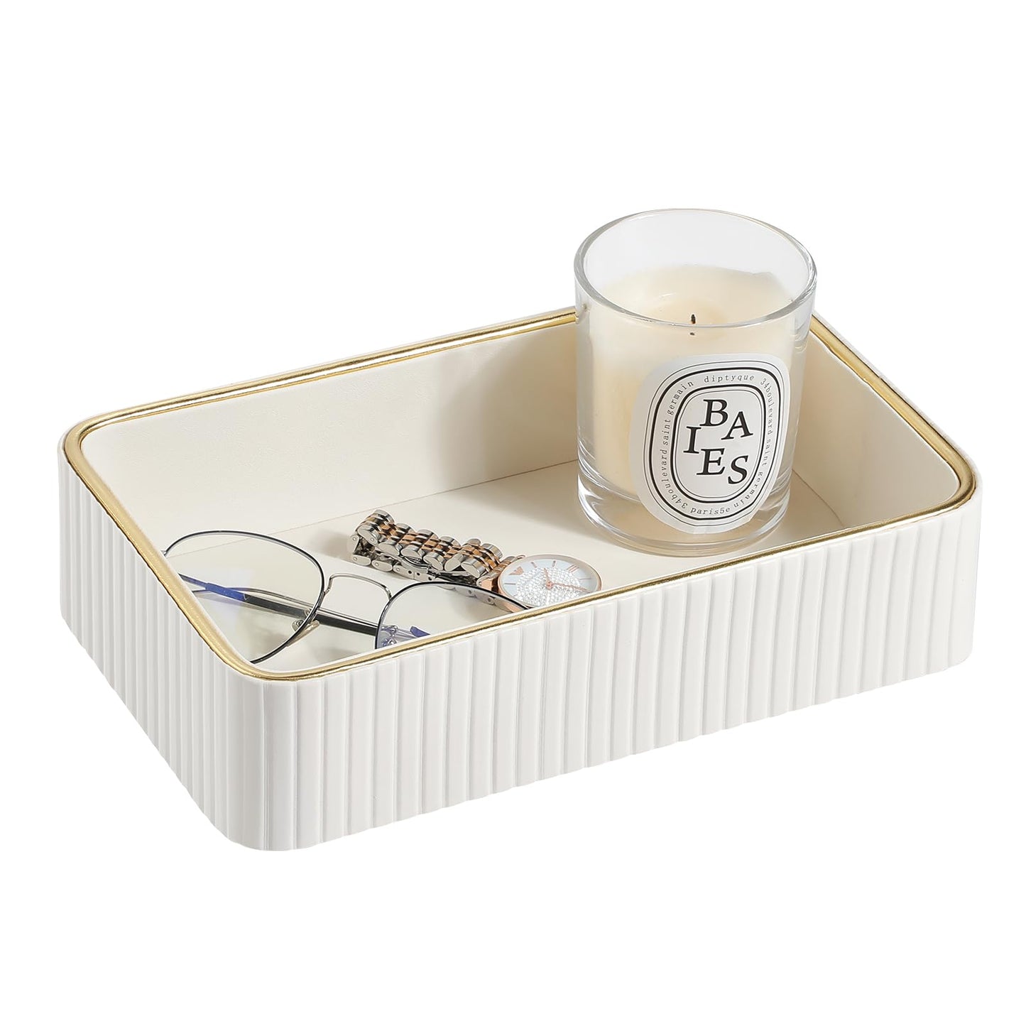 MEIBOOCH Desk Organizer Tray, PU Leather Nightstand Organizer Perfume Valet Tray for Men Women, Decorative Vanity Trays Trinket Dish Key Bowl for Entryway Table (Ivory, Small)