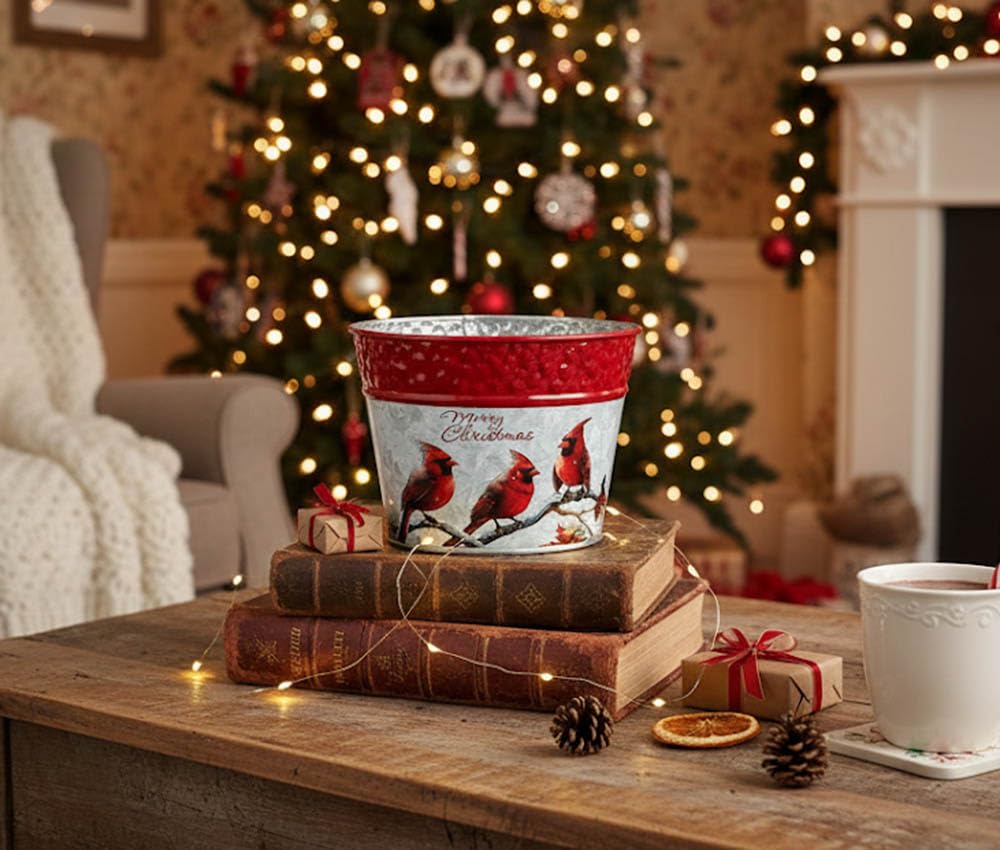 Napco 5 inch Rustic Metal Merry Christmas Cardinals Pot Cover with Indented Red Rim Festive Christmas & Holiday Decor