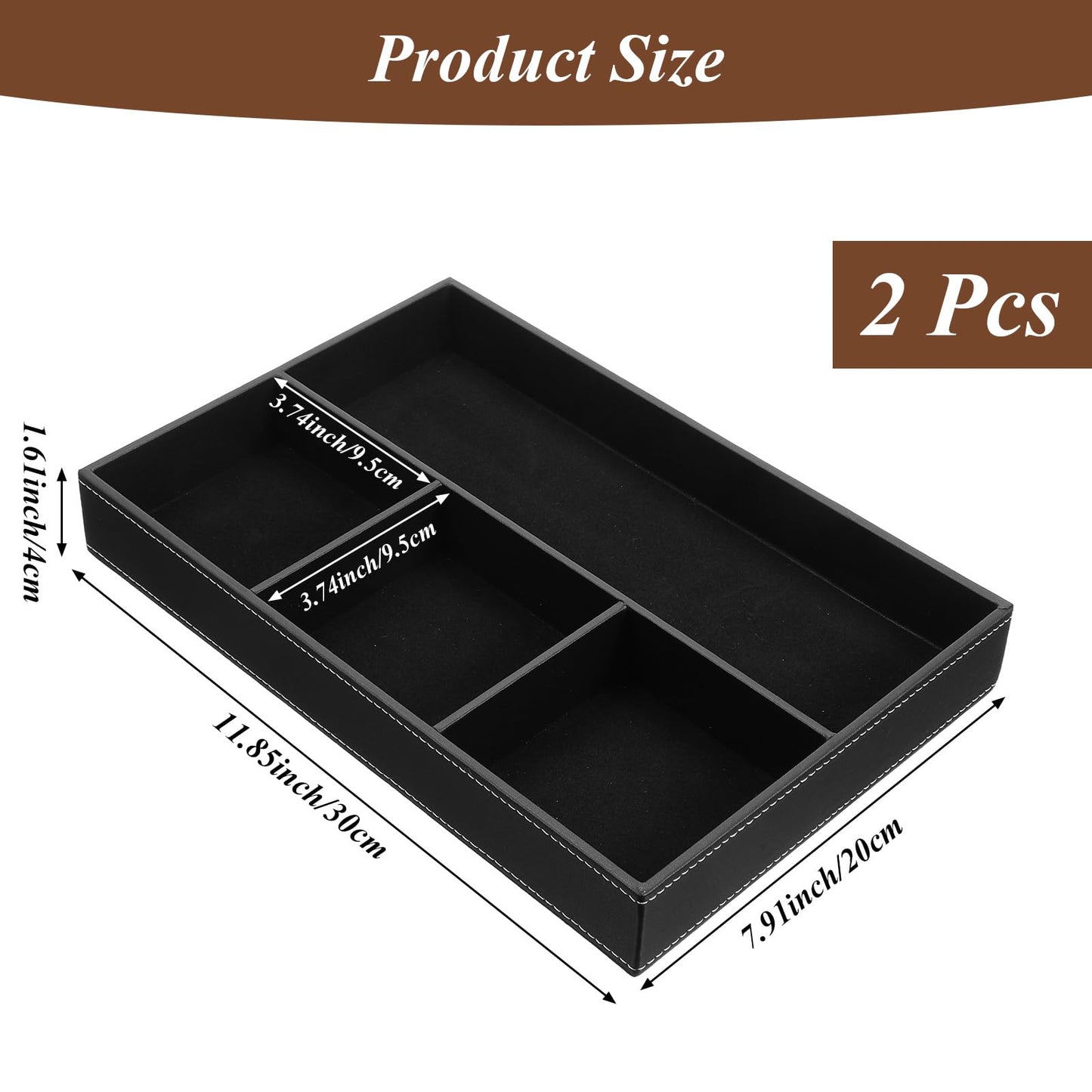 Afcabakila 2 Pieces Leather Valet Tray Nightstand Drawer Organizer Stackable Jewelry Organizer For Drawer Key Wallet Sunglass Watch Coin Phone Bedside Dresser Top Tray Black