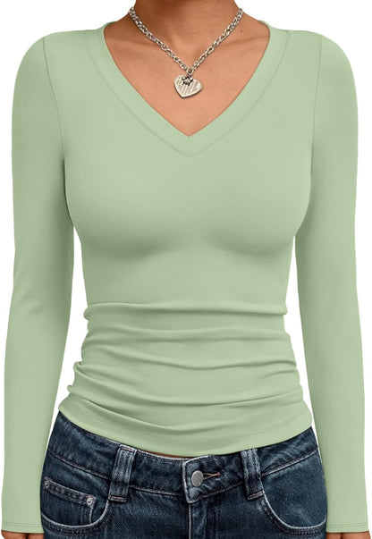 Trendy Queen Long Sleeve Shirts for Women 2025 Fall Fashion V Neck Basics Crop Tops Slim Fitted Y2K Tops Outfits Clothes