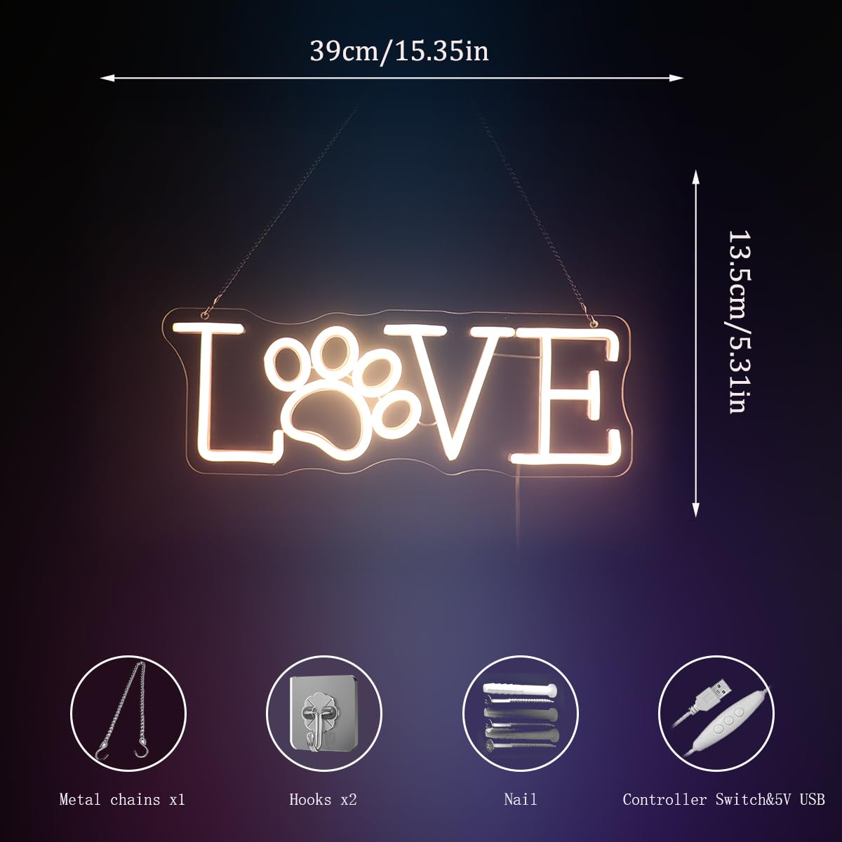 Love Paw Print LED Sign Decorative Neon Sign for Pet Store Bedroom Bathroom Decor Dog Cat Lovers' Home Wall Art Decorations Christmas Birthday Gifts (Warm white)