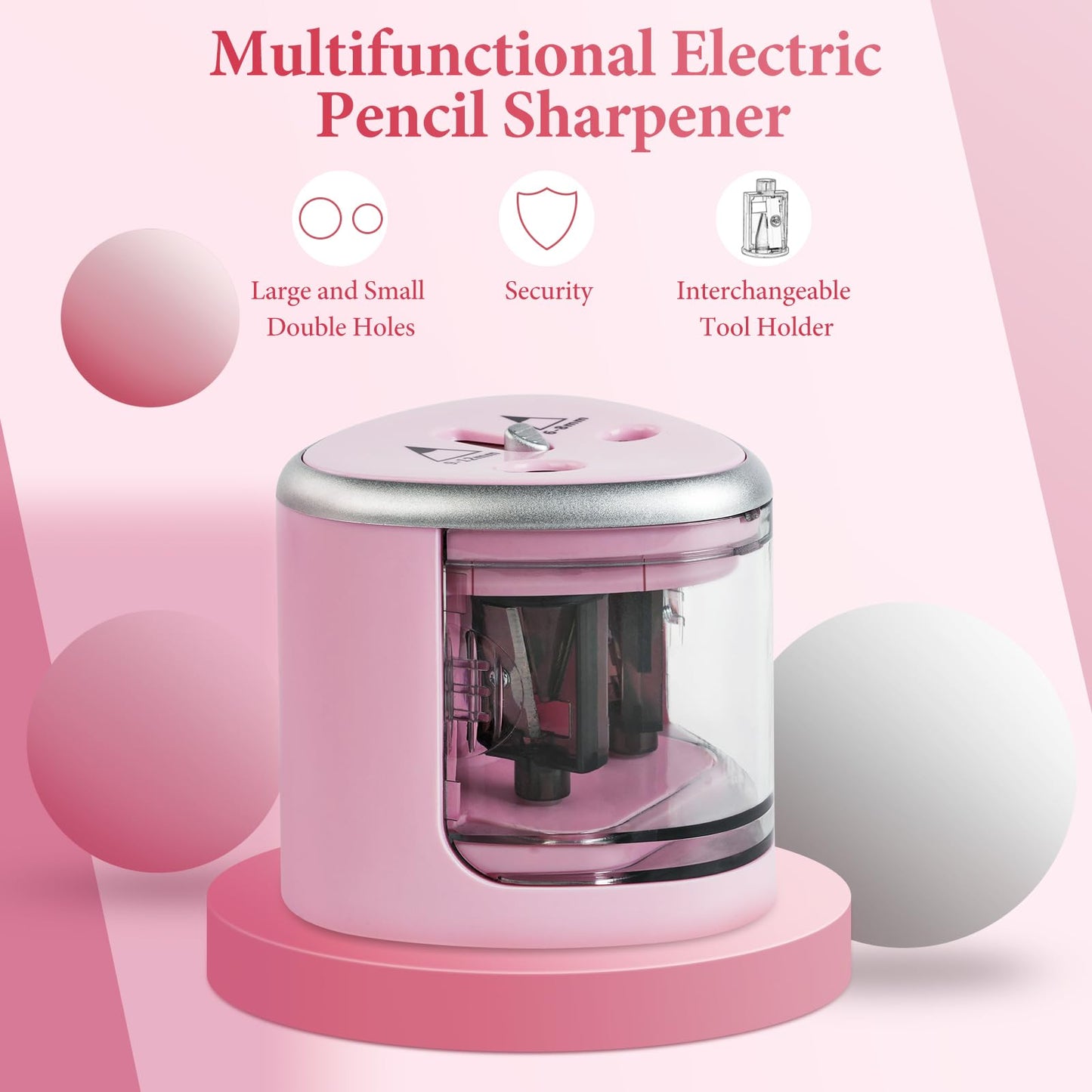 AUAUY Electric Pencil Sharpener with Double Hole, Battery Operated Automatic Sharpener with 2 Extra Knife Holders, for 6-8mm/9-12mm Standard Pencils, Colored Pencils, and Skectch Pencils（Pink）