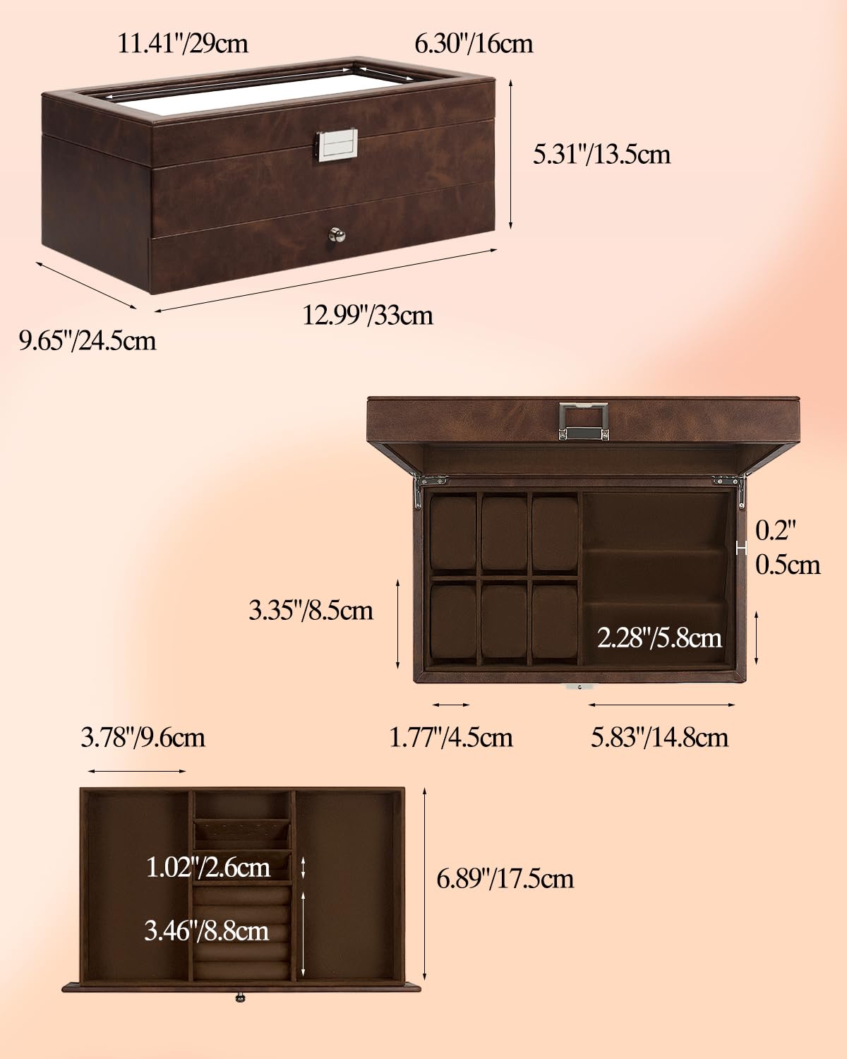 GUKA Watch box, 6 Slot Watch Case, 3 Slot Sunglass Organizer, Watch Cases for men with Real Glass Lid, Watch Organizer storage with Jewelry Case, Birthday for Men and Women,