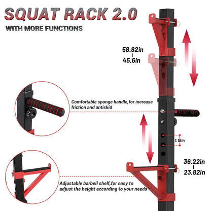 CANPA Squat Rack, Adjustable Barbell Rack Strength Training Barbell Stand with Dip Station Multi-Function Squat Stand Equipment for Home Gym Fitness 600Lbs（red）