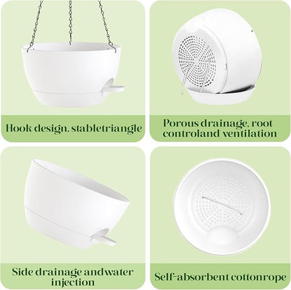 10 Inch Hanging Planters with Chains 2 Pack Self Watering White Plastic Hanging Pots for Indoor Outdoor Plants, Garden Porch Home Decor (White)