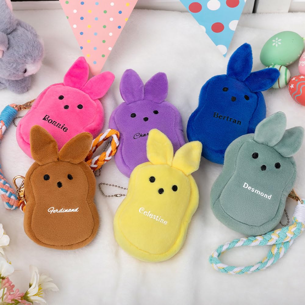 BYFDIY Custom Name Easter Bunny Wallets With Wrist Strap For Girls Boys Plush Small Coin Purse Backpack Keychain Wallet For Women Daughter Son Easter Gifts