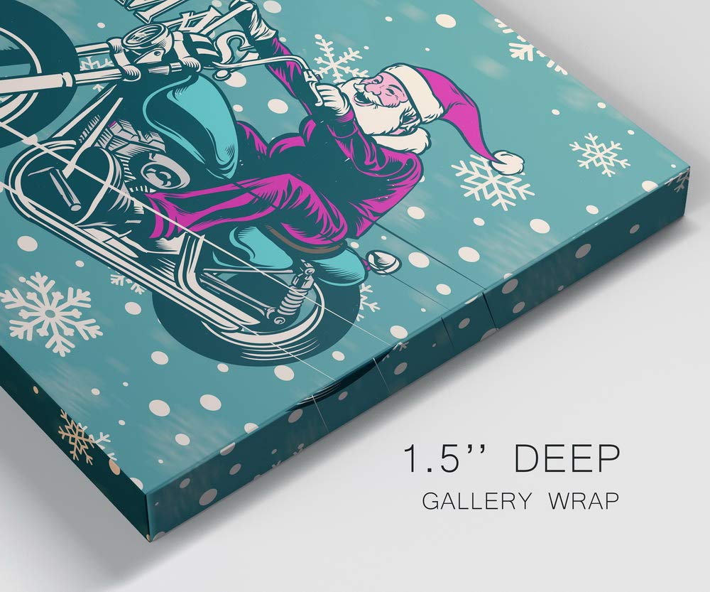 Renditions Gallery Motorcycle Santa Wall Art, Aqua Blue & White Snowflake Design, Funny Christmas Decorations, Premium Gallery Wrapped Canvas Decor, Ready to Hang, 8 in H x 12 in W, Made in America