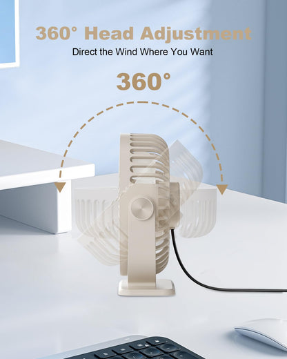 TriPole USB Desk Fan Small Portable Personal Fan, 3 Speeds Adjustable Strong Breeze Mini Electric Fan, 360° Rotation Quiet Plug In USB Fan for Desktop Bedroom Office Table Travel Cruise, Beige, 4.5in