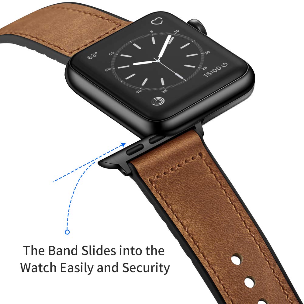 OUHENG Leather Bands Compatible with Apple Watch Band 49mm/46mm/45mm/44mm/42mm, Sweatproof Leather Rubber Hybrid Strap for iWatch Ultra 3/2/1 Series 11 10 9 8 7 6 5 4 3 2 1 SE 3/2/1, Brown/Black