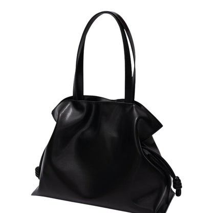 CLARANY Leather Drawstring Tote Bag, Black Genuine Leather Shoulder Bag with Magnetic Snap Closure, Elegant Travel Work Handbag