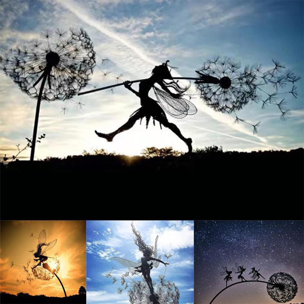 Fcteap Flower Fairy Dancing with Dandelion Garden Art Sculpture Stainless Steel Statue Christmas Halloween Decoration for Outdoor Yard Courtyard Lawn Patio Metal Ornaments (Hurdle)