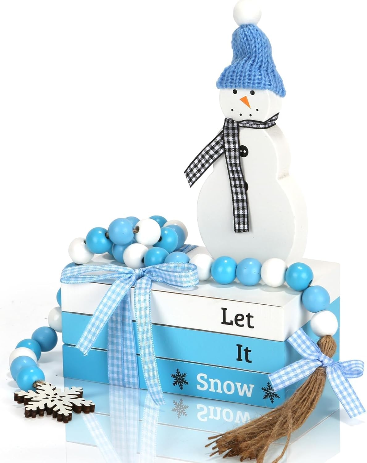Winter Decorations 5 PCS Table Centerpiece Snowman Decor, Cute Tabletop Winter Decor for Tiered Tray Shelf Mantel Fireplace Coffee Bar Office Desk, New Year Decorations Faux Book Snowman Bead Garland