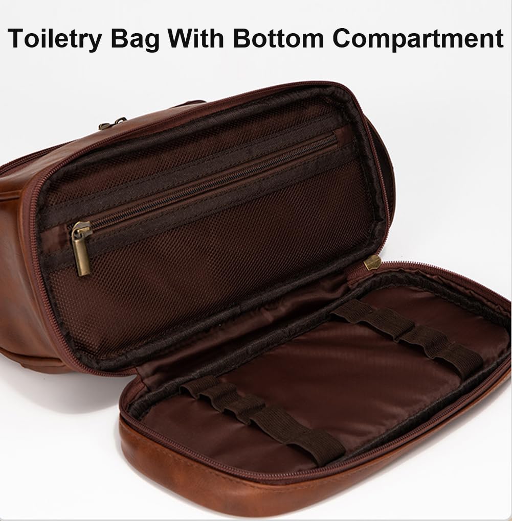 RC ROCKCOW Toiletry Bag for Men Leather Travel Organizer Shaving Dopp Kit with hanging hook, Large Water-resistant Toiletries Bathroom Shaving Bags for Women