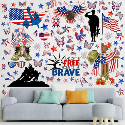 ReliThick 4th of July Wall Stickers Memorial Day Wall Decals Land of The Free Window Clings American Flag Military Soldier Boots Stickers Decor for Independence Day Party Home Office School Decor