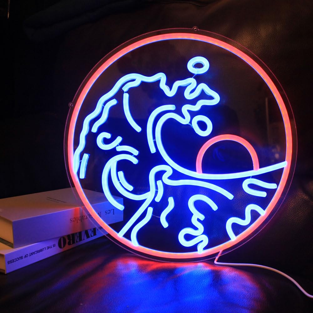 DAKABUKA Sunset Sunrise Neon Sign Dimmable Wave Neon Signs for Wall Decor Room Decor Bedroom Office Bar Birthday Party Christmas(Blue Red)