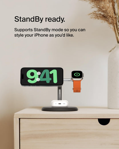 Belkin MagSafe-Compatible Charger, 3-in-1 Wireless Charging Station, Qi2-Certified 15W Wireless Charge for Apple iPhone 17 Series, Apple Watch, AirPods w/Non-Slip Base, 40W Included - Black
