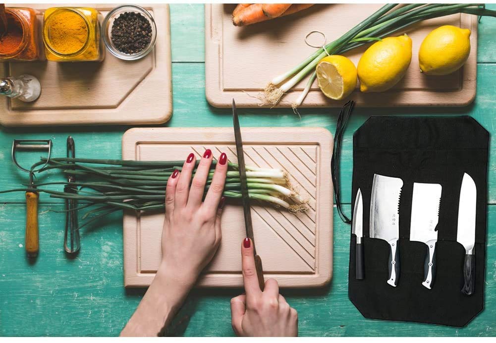 HERSENT Chef's Knife Roll Bag,Portable Travel Chef Knife Case Knife Bag Carrier Storage Bag with 4 Slots Best Gift for Pro Chef or Culinary Enthusiasts Men Women