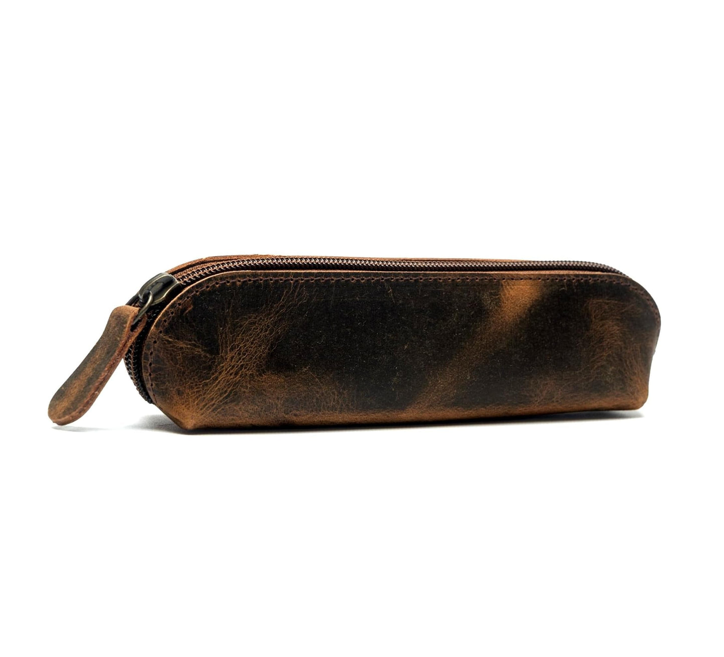 WANDERINGS Vintage Leather Pencil Pouch Case – 7" Round – Hand Crafted Functional Brown Leather Zipper Pouch – Round Pencil Case Holder for Men and Women – Travel Makeup, Jewelry, and Purse Bag