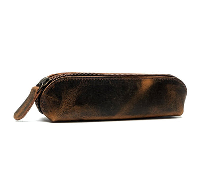 WANDERINGS Vintage Leather Pencil Pouch Case – 7" Round – Hand Crafted Functional Brown Leather Zipper Pouch – Round Pencil Case Holder for Men and Women – Travel Makeup, Jewelry, and Purse Bag