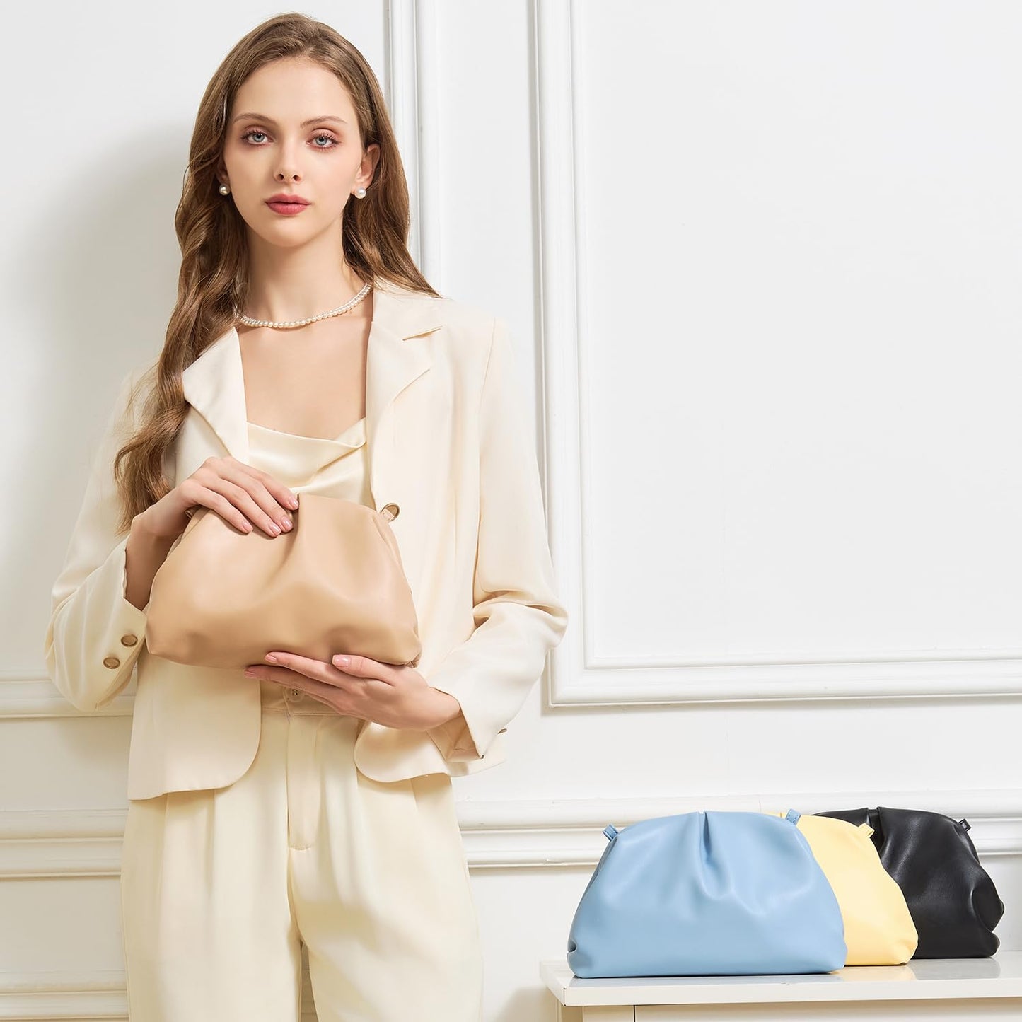 Huralona Dressy Pleated Vegan Leather Clutch Purse Super Soft Cloud Dumpling Clutch Bag for Women PU Evening Purse Handbag (Beige, S)