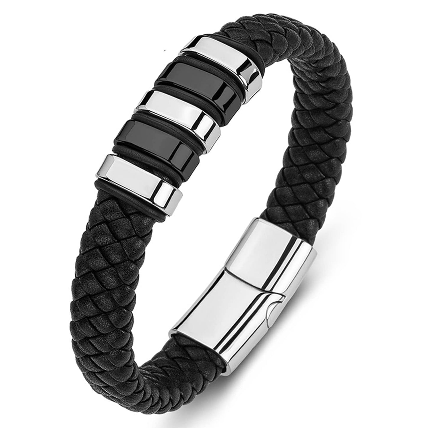 LJWVX Mens Black Leather Bracelets,Braided Leather Wristband Cuff,Stainless Steel Clasp,Bracelet Gift for Dad
