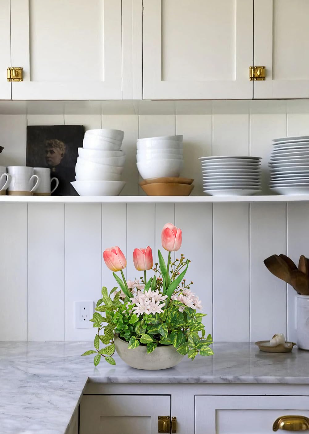 Flower Centerpieces 10.6" Artificial Plants & Flowers in Pot Mixed Artificial Tulip with Pink Flowers Green Plant, Realistic Farmhouse Flowers Arrangements for Table Office Desk Kitchen Home Decor