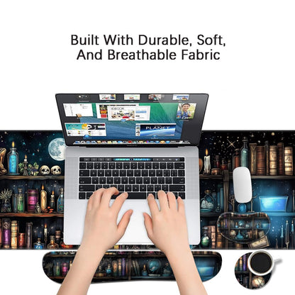 MIBITRI Keyboard Mouse Pad Set, Extended Gaming Mouse Pad+Ergonomics Keyboard Wrist Rest Support, Memory Foam, Easy Typing Pain Relief, 4Pcs XXL Ultra Thick Desk Mat, Enchanted Bookshelf
