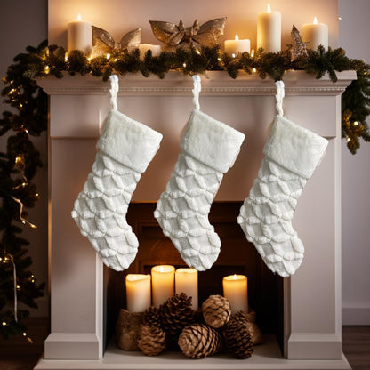 AOGU 3 Pack 18 Inch Faux Fur Christmas Stockings Cable Knit Knitted Thick Snowy White Xmas Christmas Stockings Hanging Ornaments Candy Gift Bags for Christmas Decorations