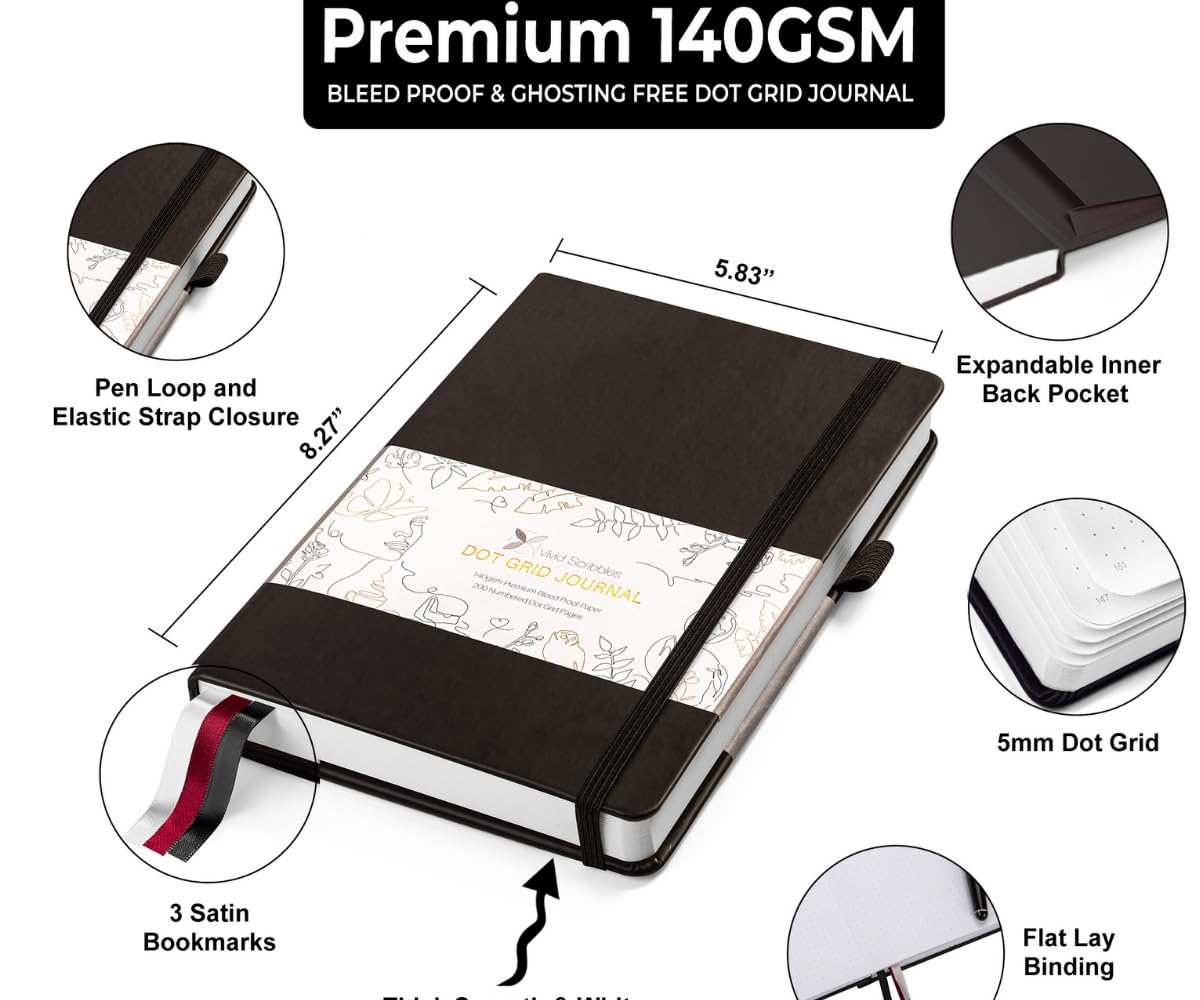 VIVID SCRIBBLES Dotted Journal – 140gsm Bleed Proof Thick White Paper – 200 Numbered Dot Grid Pages – 5.8 x 8.3 inch Bullet Dotted Notebook