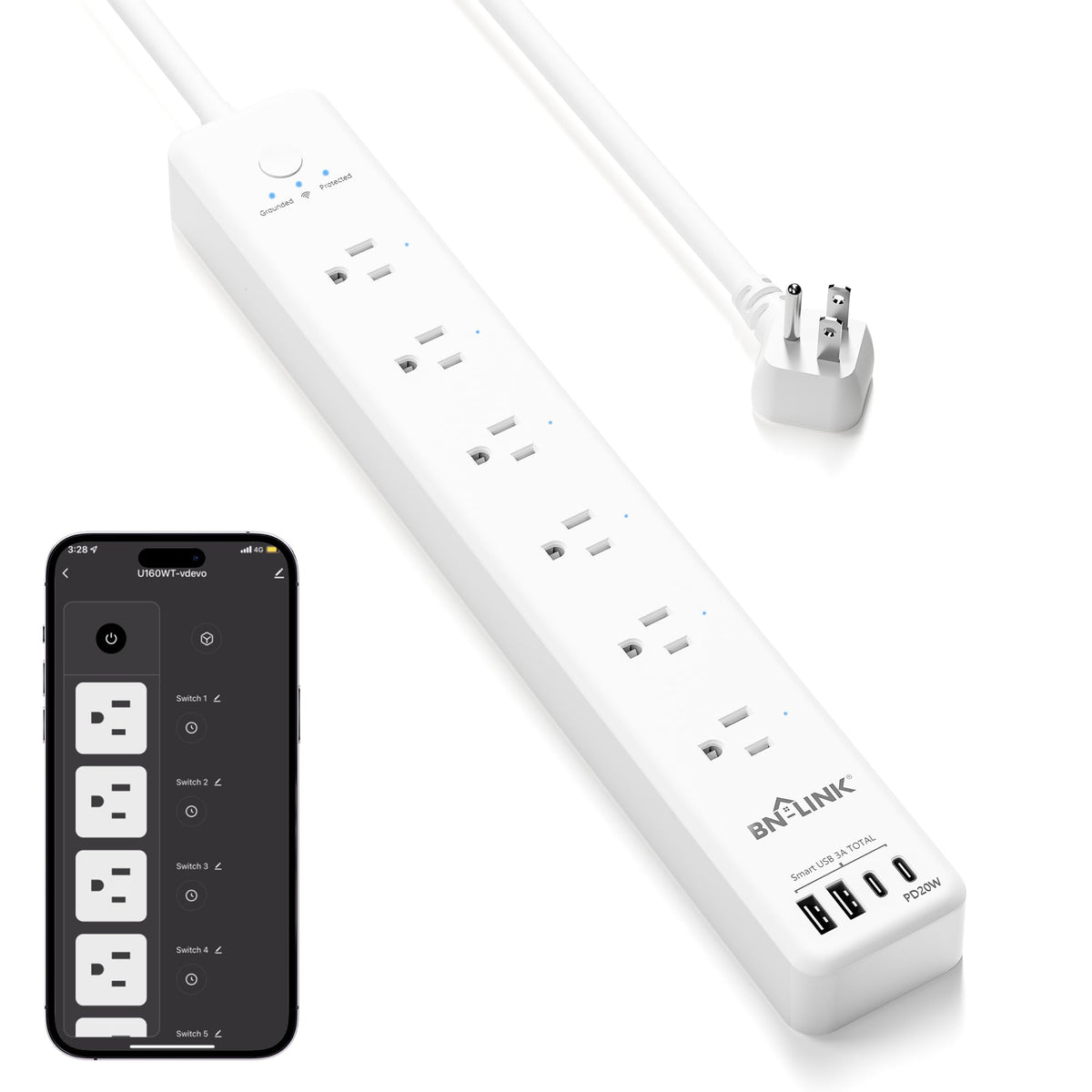 BN LINK Smart Plug Power Strip，Surge Protector with 6 Individually Controlled Smart Outlets, 4 USBs (incl. 20W USB-C), Compatible with Alexa and Google Home