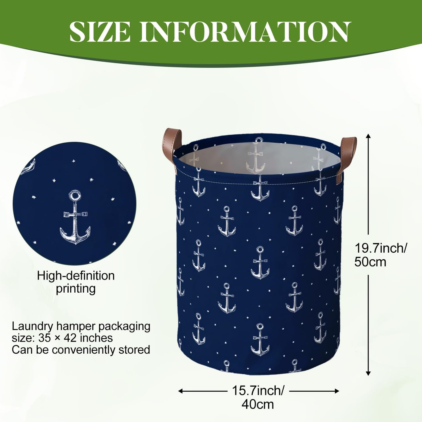Laundry Basket 15.75 x 15.75 x 19.7 Inch Oxford Fabric Clothes Hamper with Nautical Anchor Pattern Foldable Laundry Storage Bin with Handles for Bedroom Bathroom Dorm Dirty Clothes Organizer