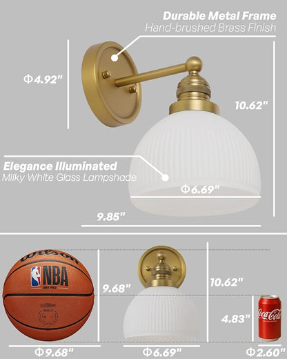 Gold Wall Sconces Vintage Bathroom Vanity Light Fixtures Modern Frosted Milk Glass Sconces Brass Sconce Wall Lighting for Living Room Bedroom Bathroom Mirror Hallway Stairway E26 Hardwire