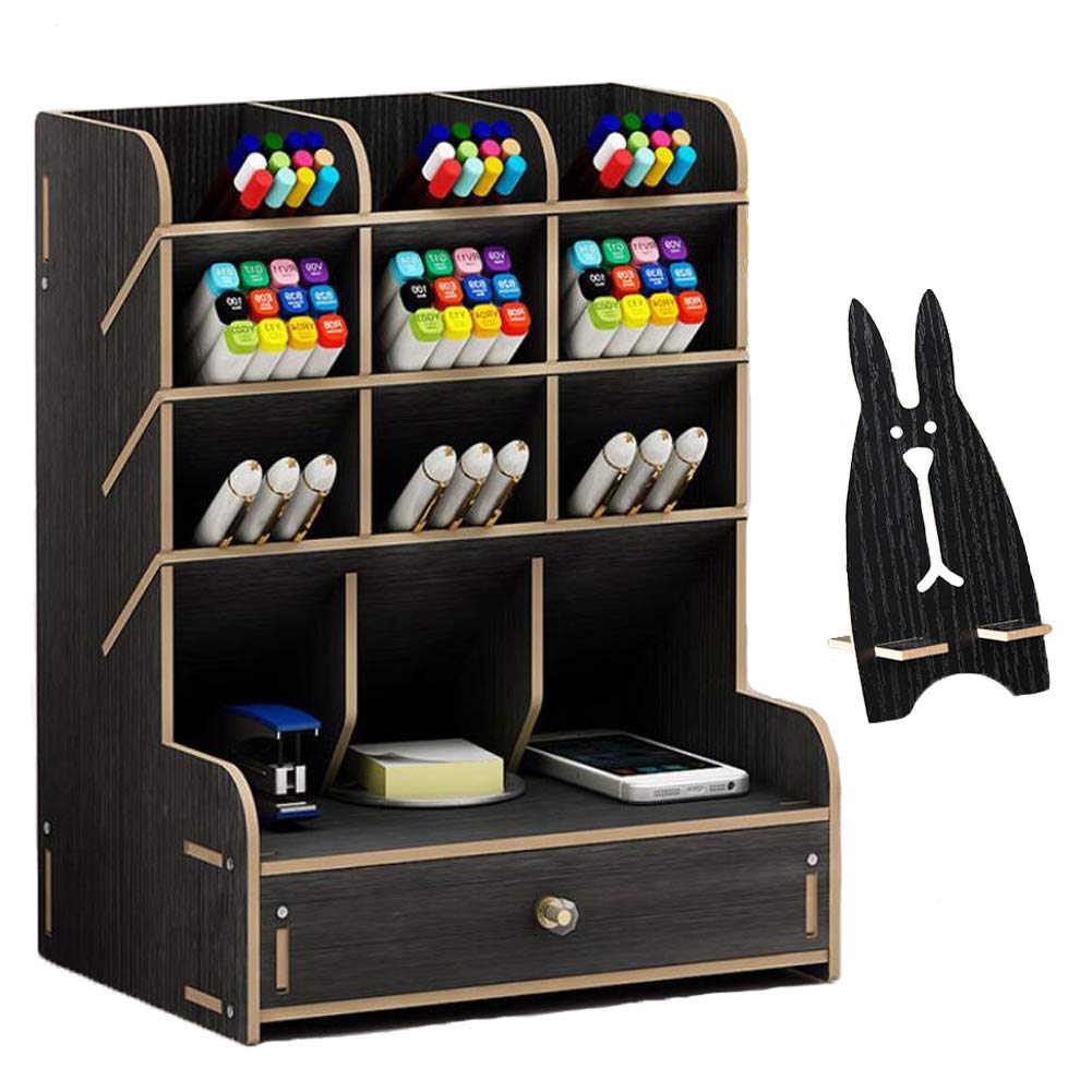 Marbrasse Wooden Desk Organizer, Multi-Functional DIY Pen Holder, Organizer for desk, Desktop Stationary, Easy Assembly, Home Office Art Supplies Storage with Drawer (B11-Black)