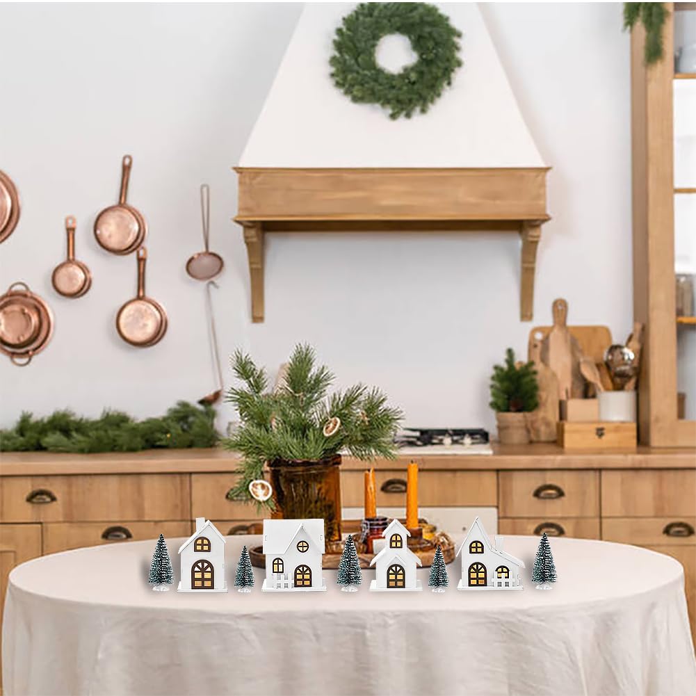 Ovootok Wood & Plastic Christmas Sculpture Set, 9pcs, Including 4 LED Lighted Houses and 5 Frosted Trees for Tabletop Mantel Décor