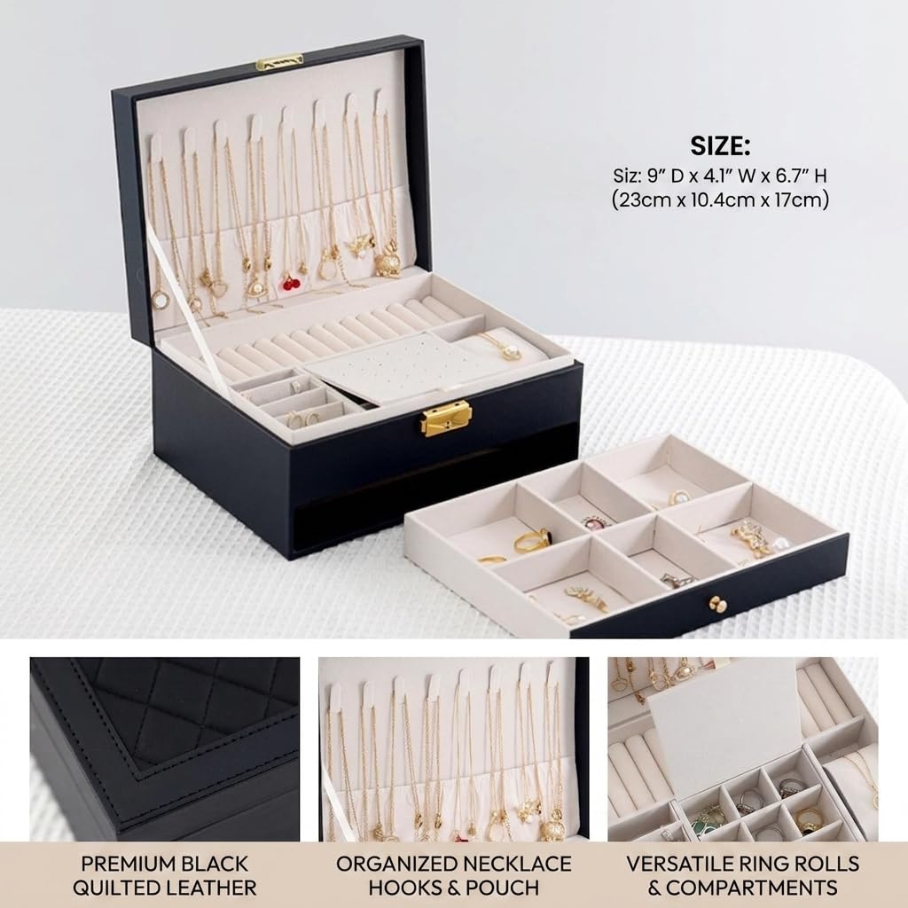 GUOER Jewelry Box for Women Girl Wife - Large PU Leather Jewelry Organizer Storage Case with Two Layers Display for Earrings Bracelets Rings Watches Mothers Day Gifts (Black)