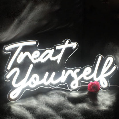 Treat Yourslef Neon Signs White LED Letter Neon Light Sign USB Power for Wall Decor Bedroom Wall Birthday Party Christmas Wedding Decoration(16.5 * 8.7)